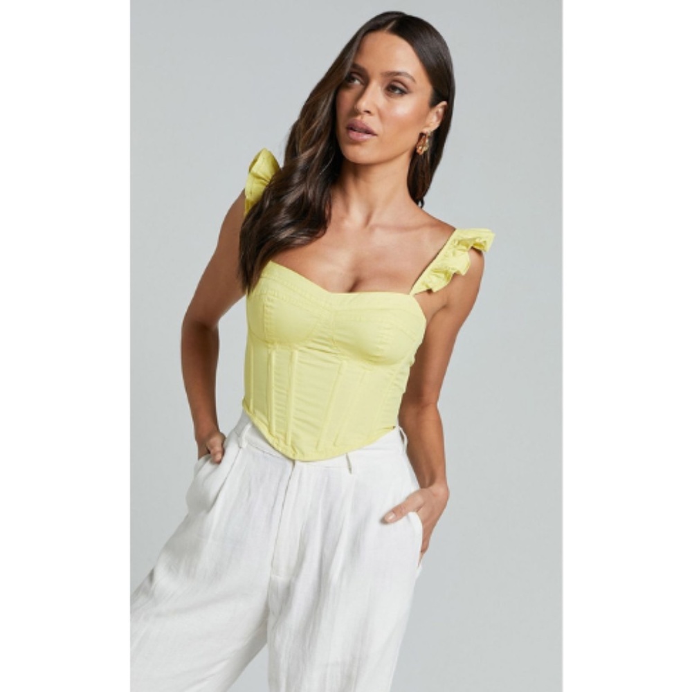 Showpo. Braylen Sweetheart Flutter Sleeve Corset Top in Sun Yellow - Picture 9 of 11